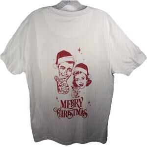 DENIM & FLOWER Ricky Singh  Large White Tee w/Red Vintage Retro Christmas Toast